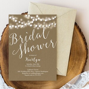 Invitación para despedida de soltera Kraft / Luces blancas, linternas, estilo rústico, estilo shabby chic, estilo granja. Descarga instantánea en PDF.