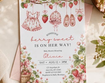 Strawberry Baby Shower Invitation Set: Editable Berry Sweet Girl Baby Shower (Digital Download, Canva Templates)