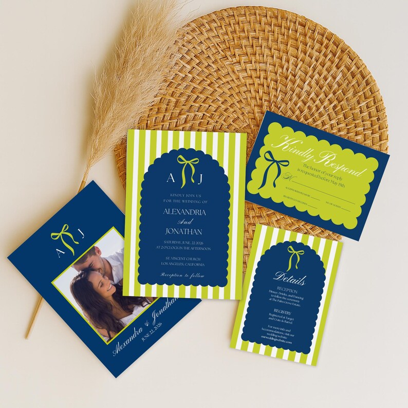 Navy Lime Wedding Invitation Templates: Bold Chartreuse Wedding Suite ...
