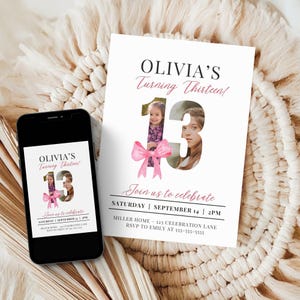 Convite com foto para festa de 13º aniversário, convite digital moderno minimalista com laço rosa e treze fotos, modelo para DOWNLOAD INSTANTÂNEO
