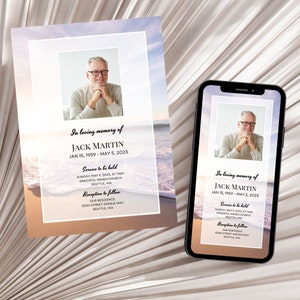 Funeral Invitation Digital Evite With Photo, Beach Landscape Serene Memorial Services Announcement, Editable CANVA Templates