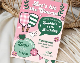 Preppy Pickleball Invitation: Girly Aesthetic Birthday Party Digital Invite INSTANT DOWNLOAD Template