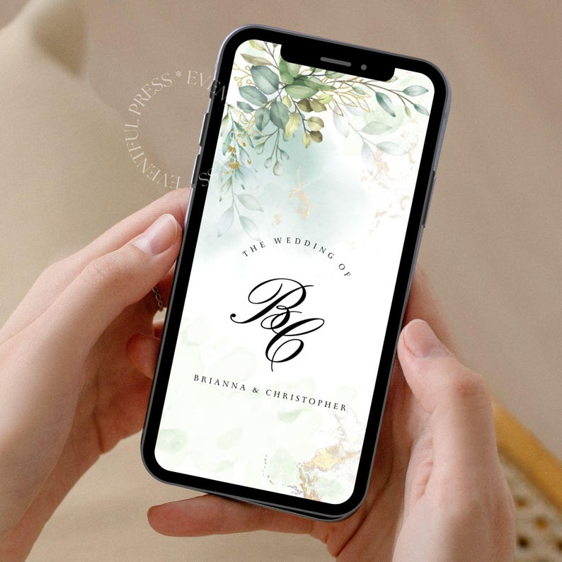 May include: A digital wedding invitation with a green and gold watercolor background. The invitation features a monogram of the letters "B" and "C" in a black script font. The text "The Wedding of Brianna & Christopher" is printed below the monogram.