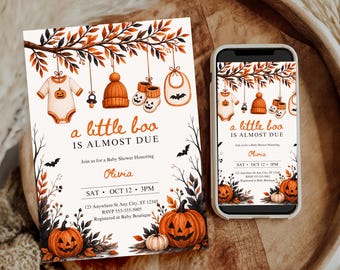 Halloween Baby Shower Invitation | Fall Pumpkins, Our Little Boo, Ghost Baby Clothes Invite | Editable Canva Template