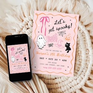 May include: A pink Halloween-themed invitation with the text "Let's get spooky!" and illustrations of a ghost, spider, witch hat, black cat, and pumpkin. The invitation is for Harper's 8th birthday.