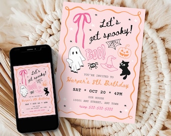 May include: A pink Halloween-themed invitation with the text "Let's get spooky!" and illustrations of a ghost, spider, witch hat, black cat, and pumpkin. The invitation is for Harper's 8th birthday.