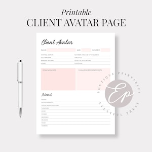 Página de plantilla imprimible de avatar de cliente / PDF tamaño carta / DESCARGA INMEDIATA
