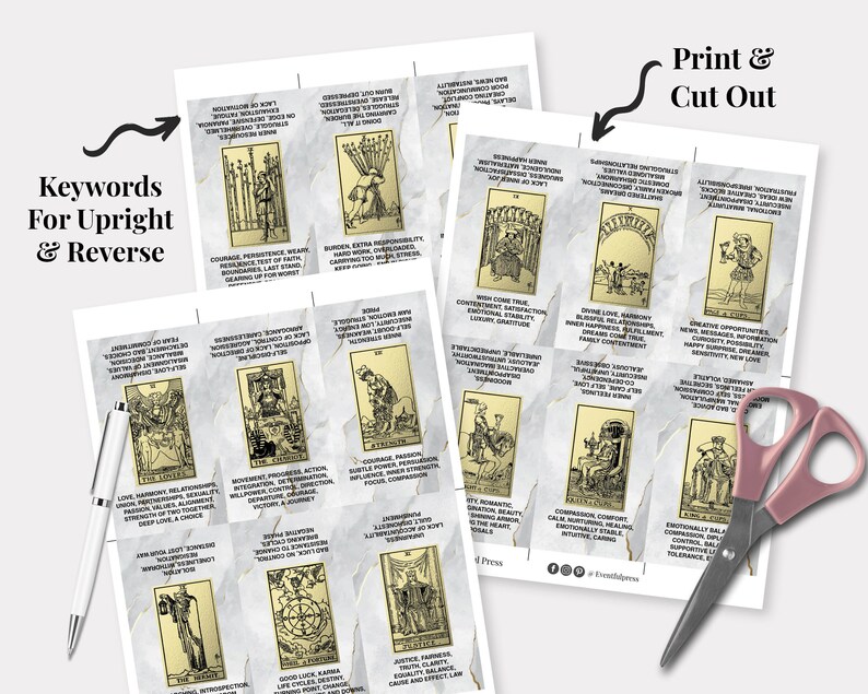 Printable Tarot Cards With Key Words Marble and Gold Tarot Etsy