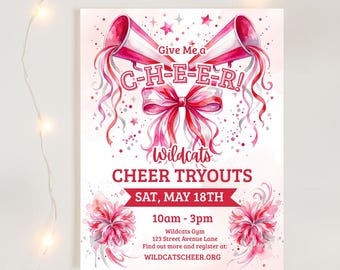 May include: A pink and white poster with the text "Give Me a C-H-E-E-R!" and "Wildcats Cheer Tryouts." The poster includes watercolor illustrations of cheerleading megaphones, bows, and floral accents. Tryouts are Saturday, May 18th, from 10 am to 3 pm.