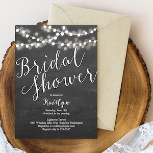 Invitación para despedida de soltera con pizarra y luces blancas / Faroles, estilo rústico, shabby chic, estilo granja / Plantilla PDF de descarga instantánea