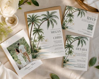 Set di inviti per matrimonio tropicale: modello RSVP Palm Beach (download digitale)