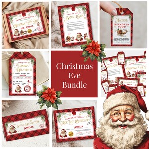 May include: A Christmas Eve bundle featuring Santa Claus-themed stationery. Includes a box, letters, tags, and a certificate, all with festive red and green plaid borders and illustrations of Santa. The text includes "Christmas Eve Box" and "Magical Reindeer Food."