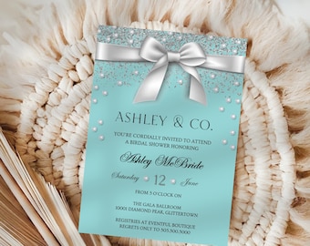 Aqua Blue Bridal Shower Invitation: Bow & Diamond Accents (Canva Template, Digital Download)