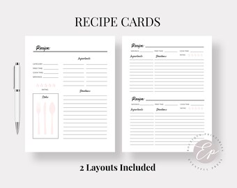 Printable Recipe Cards | Recipe Log,  Recipe Binder Insert,  Recipe Planner Page, DIY recipes | INSTANT DOWNLOAD pdf