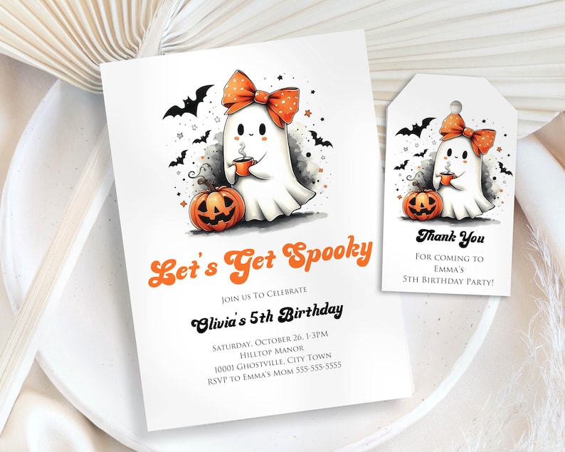 Cute Spooky Girly Coquette Ghost Invitation and Gift Tags Halloween