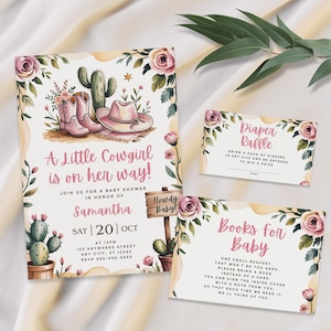 Zaproszenie na baby shower w stylu kowbojki, Mała kowbojka w drodze, Różowy baby shower w stylu western, Motyw boho kwiatowy, Szablon do edycji