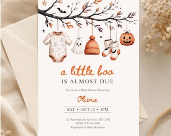 Halloween Baby Shower Invitation | Our Little Boo Is Almost Due | Ghost Baby Clothes Invite | Editable Canva Template
