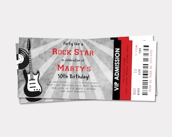 Rock Star Birthday Ticket Invitation: Red & Black Concert Theme (Editable PDF)