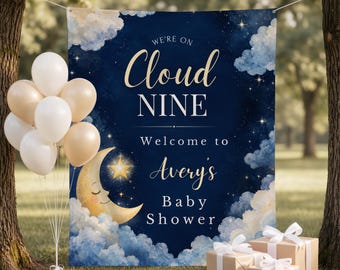 Moon & Stars Baby Shower Banner: Personalized Twinkle Twinkle Little Star, On Cloud Nine, Celestial Party Backdrop Sign