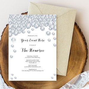 Invitación con diamantes blancos y brillantes, fiesta glamurosa con brillantes plateados y piedras de imitación / Descarga instantánea en PDF