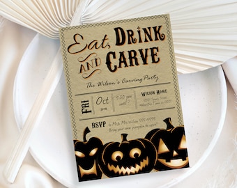 Puede incluir: Una invitación a una fiesta de Halloween con el texto "Eat, Drink, and Carve" en negro y naranja. La invitación incluye la fecha, la hora y el lugar, junto con tres ilustraciones de calabazas talladas.