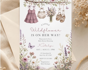 Wildflower Baby Shower Invitation: Baby in Bloom Baby Clothes Editable Canva Template, Instant Download