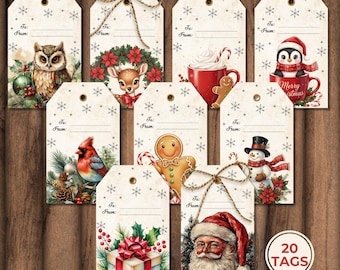 May include: A collection of 20 printable Christmas gift tags. Each tag features a festive illustration, including an owl, reindeer, gingerbread man, Santa Claus, and a penguin in a mug. The tags have a snowflake pattern and space to write "To:" and "From:"