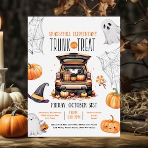 May include: A poster advertising a "Trunk or Treat" event, featuring Halloween imagery. The design includes pumpkins, a ghost, spiderwebs, and a car trunk filled with decorations. The event is on Friday, October 31st.