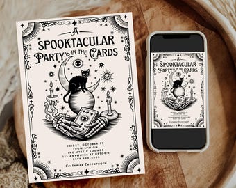 May include: A Halloween party invitation with the text "A Spooktacular Party is in the Cards." The design features a black cat on a crescent moon, candles, and a skeleton hand holding cards. A smartphone displays the same design.