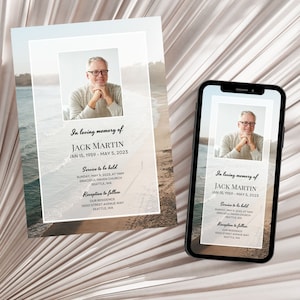 Unique Funeral Invitation Digital Evite With Photo, Beach Landscape Serene Memorial Services Announcement, Editable CANVA Templates