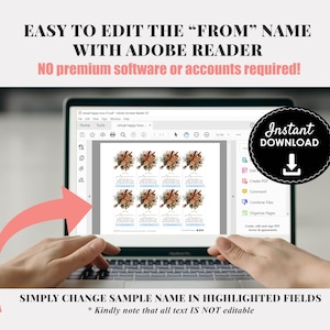 May include: A laptop screen displays a document with printable gift tags. The tags feature floral designs and text. The image includes the text: "EASY TO EDIT THE 'FROM' NAME WITH ADOBE READER" and "Instant Download".
