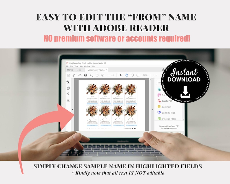 May include: A laptop screen displays a document with printable gift tags. The tags feature floral designs and text. The image includes the text: "EASY TO EDIT THE 'FROM' NAME WITH ADOBE READER" and "Instant Download".