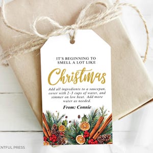 Könnte beinhalten: Ein Weihnachtsgeschenkanhänger mit dem Text "IT'S BEGINNING TO SMELL A LOT LIKE Christmas" in goldenem Glitzer. Der Anhänger ist mit Tannennadeln, Zimtstangen, getrockneten Orangenscheiben und Beeren verziert. Das Geschenk ist in braunes Papier gewickelt und mit Bindfaden verschnürt.