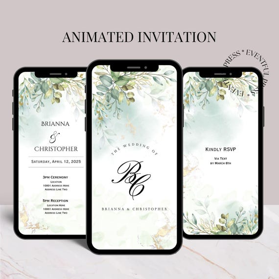 Electronic Wedding Invitation and RSVP, Greenery Wedding Invite Digital Animated Editable Evite CANVA Template