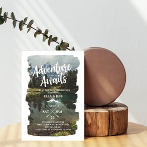 Adventure Awaits Einladung | Berge, Bridal Shower, Hochzeit, Ruhestand, Cabine, See | Sofort Download
