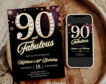 90th Birthday Invitation for Women, Ninety and Fabulous Black & Gold Diamonds Glam Editable Digital Invite INSTANT DOWNLOAD Template