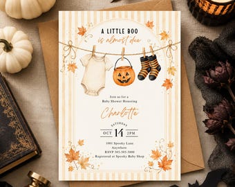Halloween Baby Shower Invitation, Baby Clothese Line Invite Instant Download Editable Canva Template