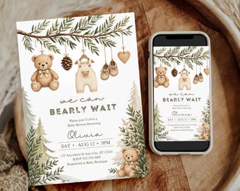 Bear Baby Shower Invitation: Bearly Wait, Baby Clothesline, Outdoors Theme Editable Template (INSTANT DOWNLOAD)