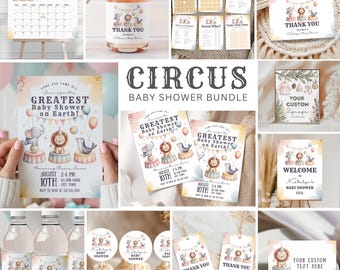 Circus Baby Shower Bundle: Carnival Theme Party Set (Canva Editable Templates, Digital Download