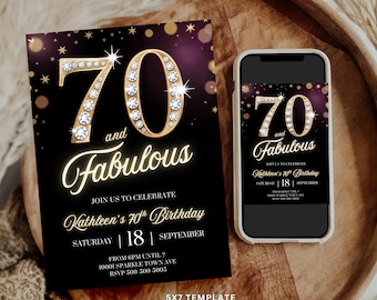 70th Birthday Invitation for Women, Seventy and Fabulous Black & Gold Diamonds Glam Editable Digital Invite INSTANT DOWNLOAD Template