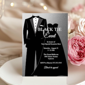 Black Tie Invitation Template: Red Carpet, Hollywood Party (Editable Canva Template)