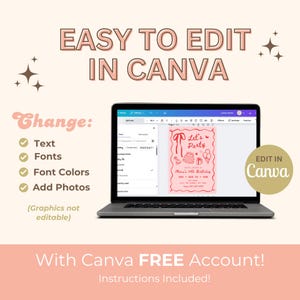 Peut inclure: Un ordinateur portable affiche un mod&egrave;le d'invitation d'anniversaire rose, avec le texte "Easy to Edit in Canva". L'image met en &eacute;vidence la possibilit&eacute; de modifier le texte, les polices, les couleurs de police et d'ajouter des photos. Le texte "With Canva FREE Account! Instructions Included!" est &eacute;galement visible.