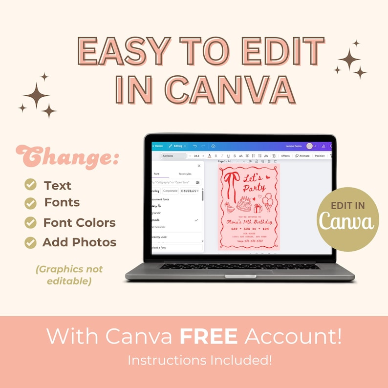 Peut inclure: Un ordinateur portable affiche un mod&egrave;le d'invitation d'anniversaire rose, avec le texte "Easy to Edit in Canva". L'image met en &eacute;vidence la possibilit&eacute; de modifier le texte, les polices, les couleurs de police et d'ajouter des photos. Le texte "With Canva FREE Account! Instructions Included!" est &eacute;galement visible.