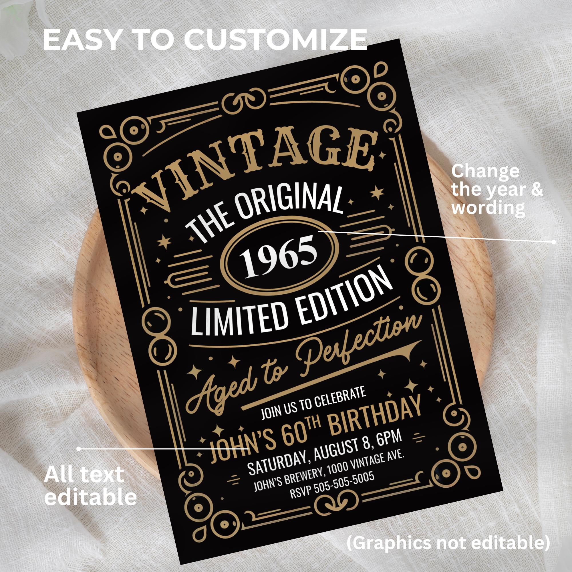 60th Birthday Invitation: Vintage Whiskey Label Party (instant