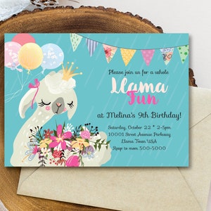 Llama Fiesta Birthday Invitation: Girl Alpaca Party (PDF)