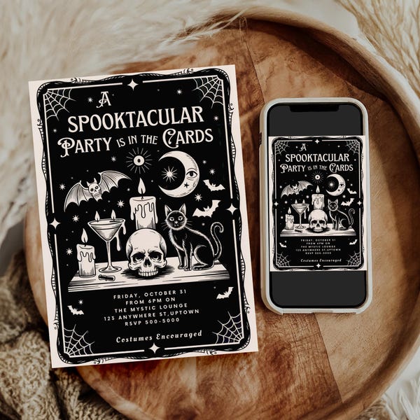 Halloween Tarot Card Invitation: Spooky Gothic Party, Editable Template (Digital Download, 5x7in CANVA Template)