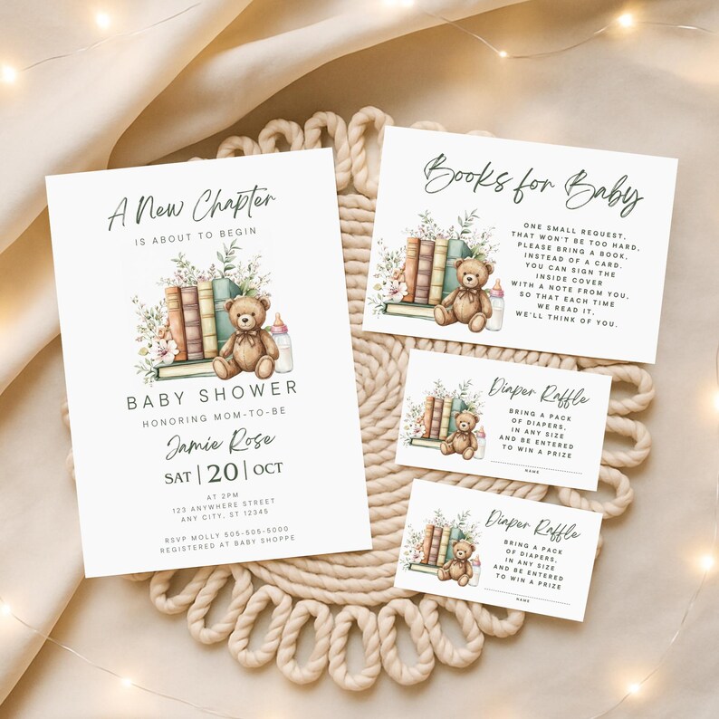 Floral Book Baby Shower Invitation Set: A New Chapter Begins, Teddy ...