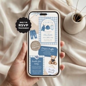 May include: A smartphone screen displaying a digital baby shower invitation set with a blue gingham theme. The design features watercolor illustrations of baby clothes, a teddy bear, and text including "A BLUE JEAN BABY is on the way" and "BUILT-IN RSVP TRACKABLE".