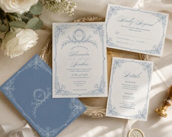 Paquete de invitaciones de boda Grandmillennial: Suite French Toile Chinoiserie en azul empolvado, planificador de bodas de regalo (plantilla editable de Canva)