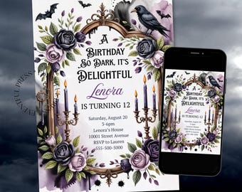 Puede incluir: Una invitación de cumpleaños con temática gótica. Presenta un marco decorativo con rosas moradas, velas y un cuervo. El texto dice "A Birthday So Dark, It's Delightful" e incluye el nombre "Lenora" y la edad "12". Un smartphone muestra el mismo diseño.